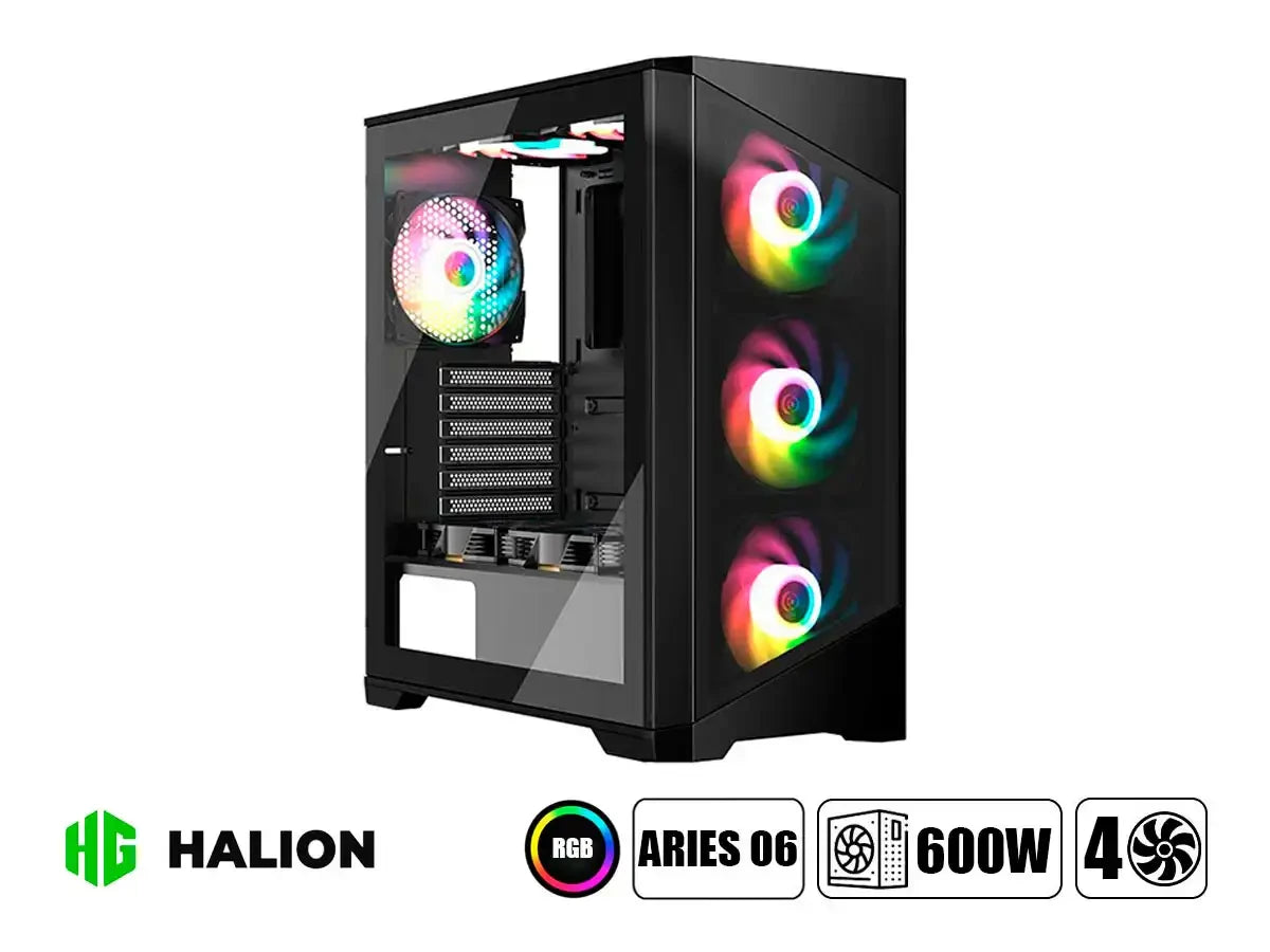 Case Halion Aries 06 Fuente 600w (c-ha-aries-06b) Panel De Vidrio, 4 Ventiladores, Led Rgb, Negro