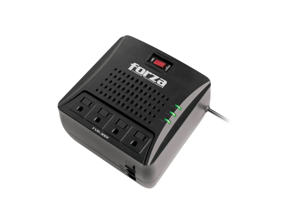 Estabilizador Forza 3000va 4 Tomas, ProtecciÓn Para LÍnea De Datos, Proteccion De Sobretenciones, Luz Led De Estado, Color Negro (fvr-3002)
