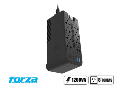 Estabilizador Forza 1200va 8 Tomas Y 2 Puerto Usb, Capacidad 1200va / 600w, Entrada Nema 5 -15p, Indicador De Luz Led, Color Negro (fvr-1222usb)