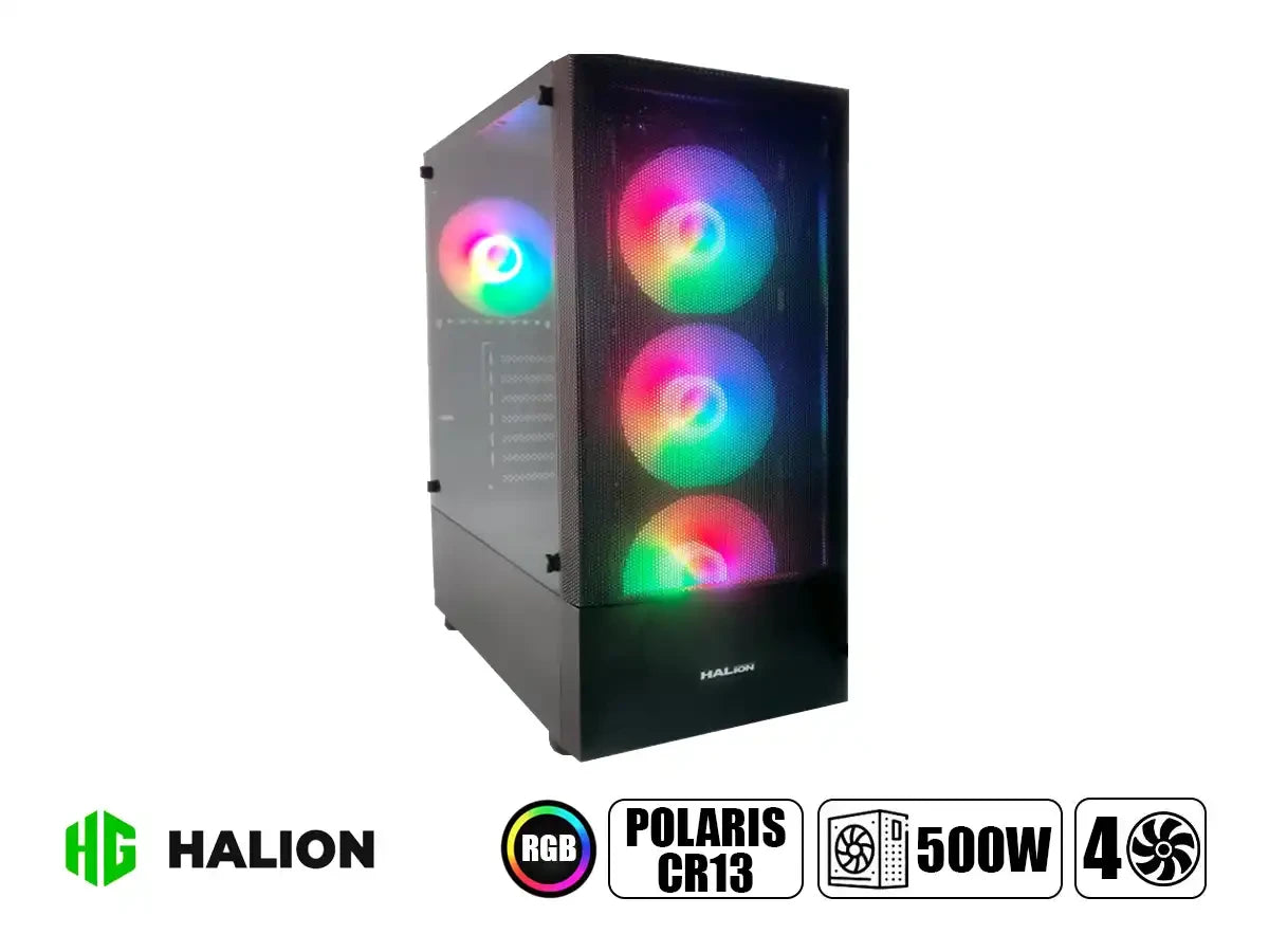 Case Halion Polaris Cr13 Fuente 500w (500w Polaris Cr13) Panel De Vidrio, 3 Ventiladores, Led Argb, Negro