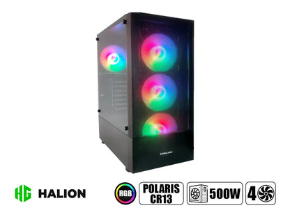 Case Halion Polaris Cr13 Fuente 500w (500w Polaris Cr13) Panel De Vidrio, 3 Ventiladores, Led Argb, Negro