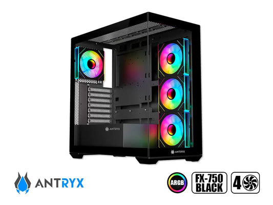 Case Antryx Fx-750 Black Gaming S/fuente (ac-fx750k) Paneles De Vidrio, 4 Ventiladores, Led Argb, Negro