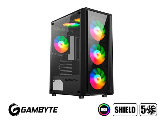 Case Gambyte Shield S/fuente (cs-shi4rbwkg-lg) Paneles De Vidrio, 5 Ventiladores, Led Rainbow, Negro