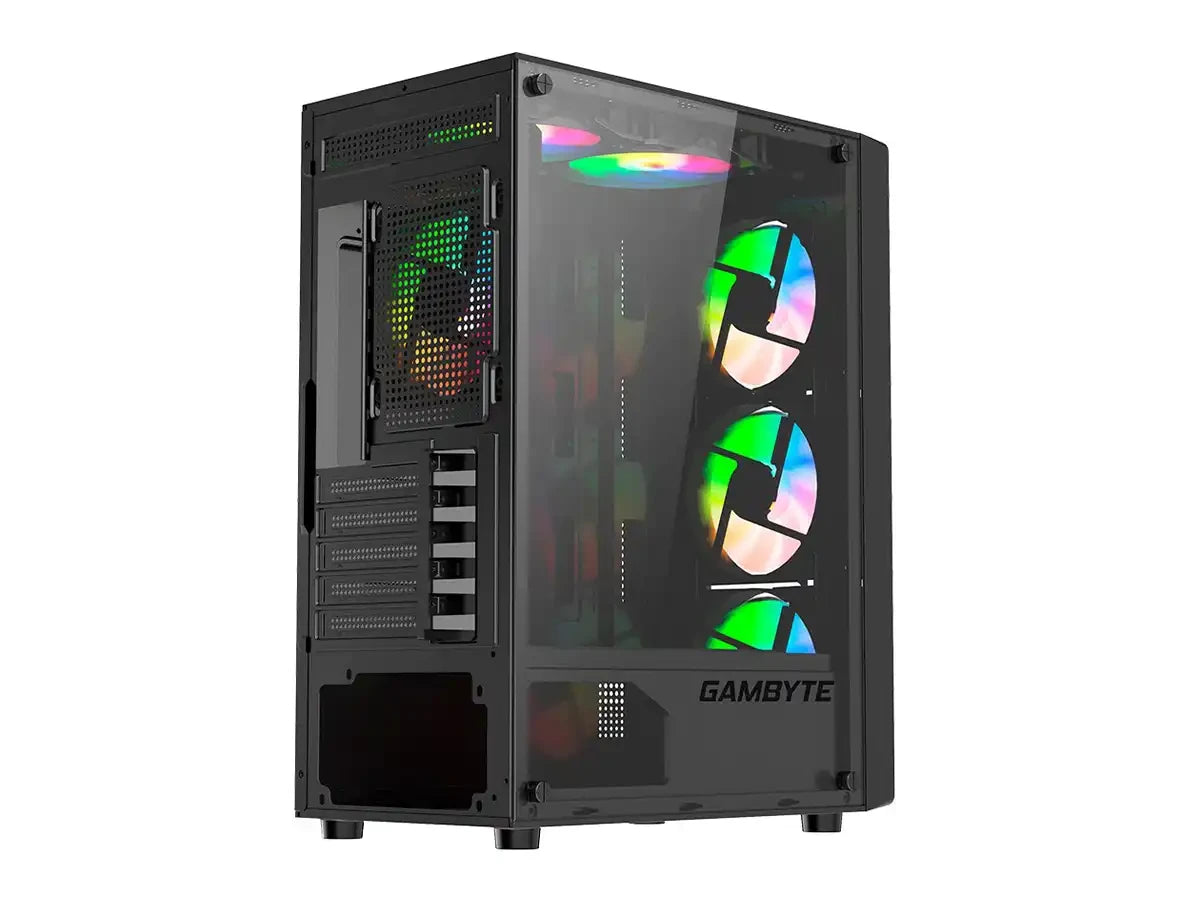Case Gambyte Shield S/fuente (cs-shi4rbwkg-lg) Paneles De Vidrio, 5 Ventiladores, Led Rainbow, Negro