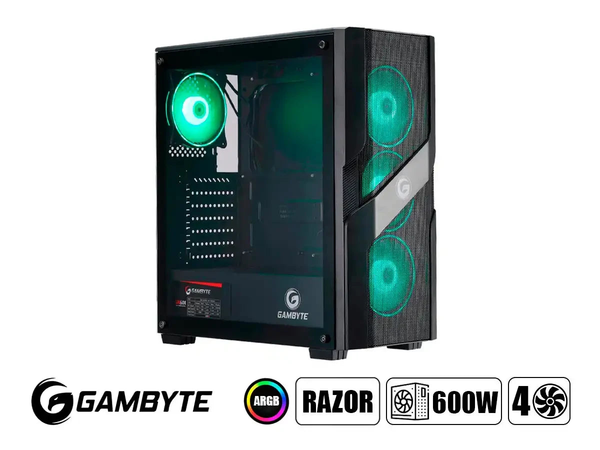 Case Gambyte Razor Fuente 600w (cl7405) Panel De Vidrio, 4 Ventiladores, Led Argb, Negro