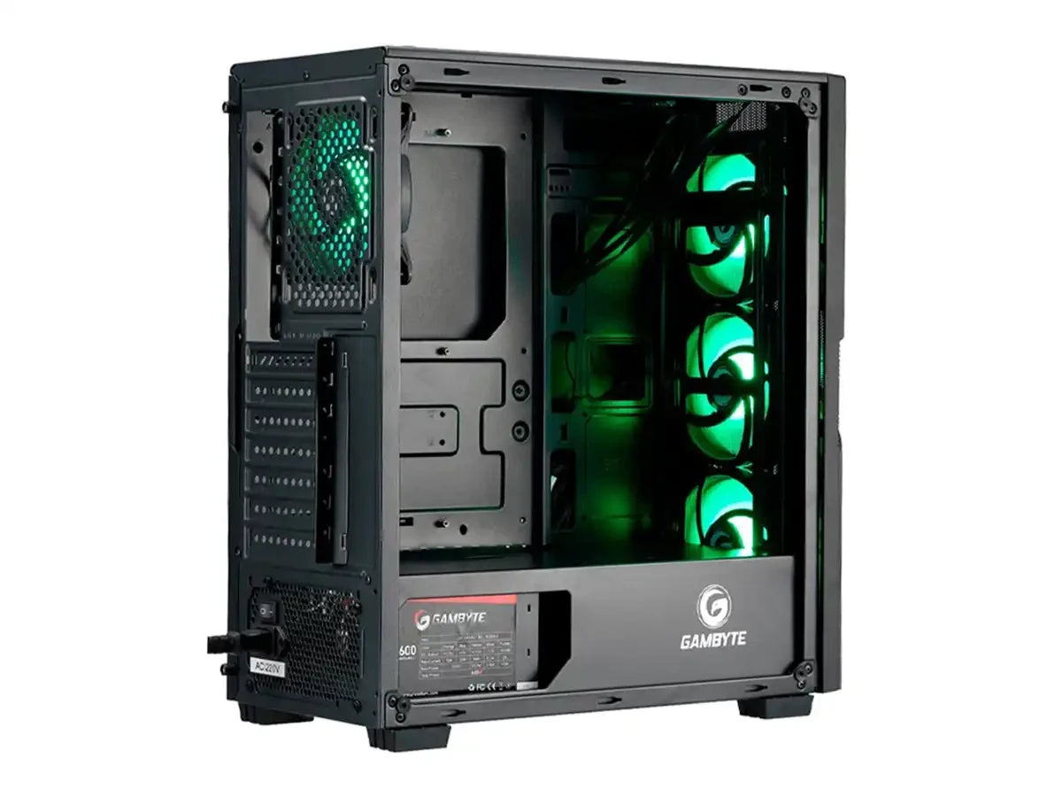 Case Gambyte Razor Fuente 600w (cl7405) Panel De Vidrio, 4 Ventiladores, Led Argb, Negro