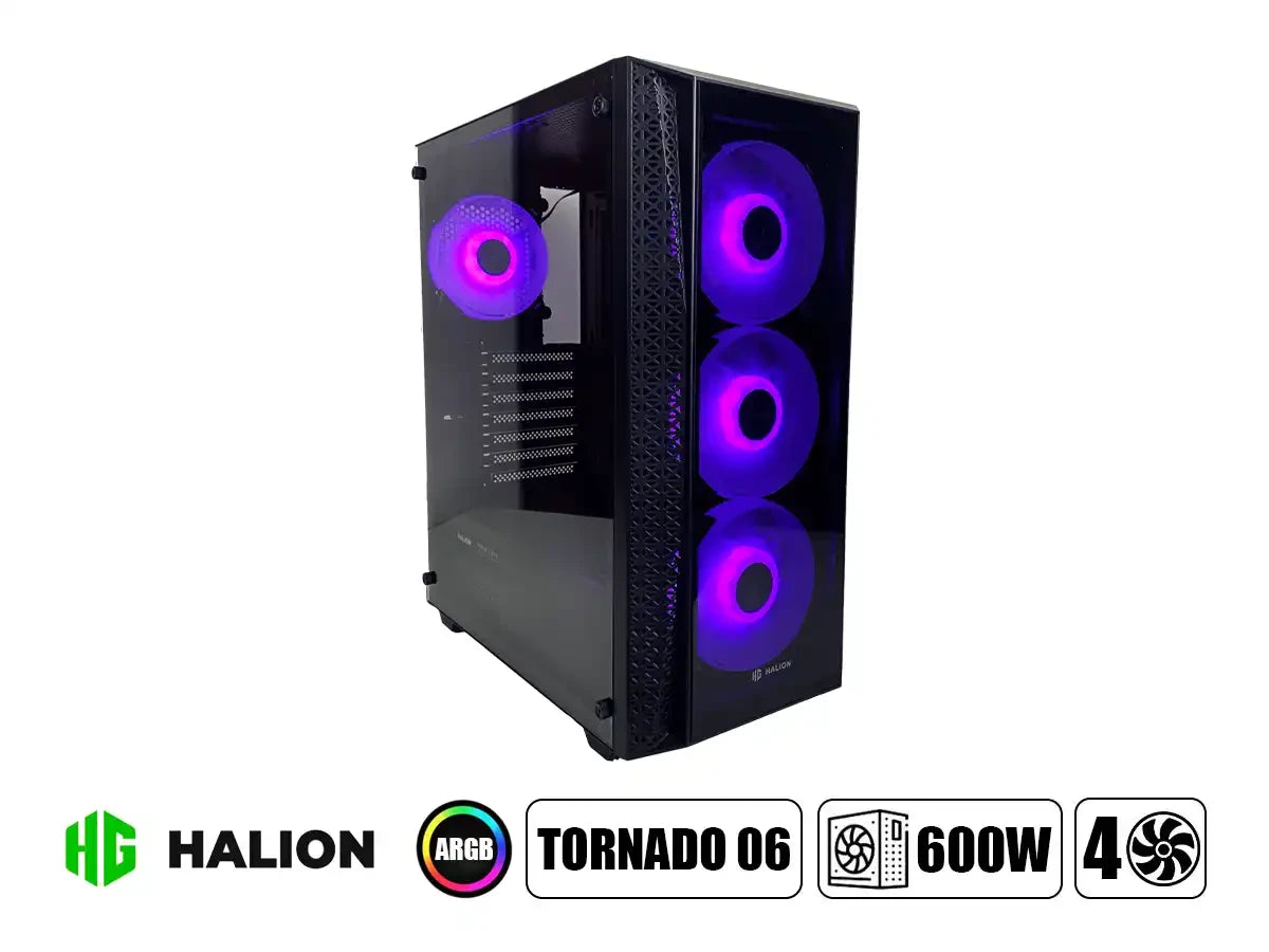 Case Halion Tornado 06 Fuente 600w (c-ha-tornado-e06) Paneles De Vidrio, 4 Ventiladores, Led Argb, Negro