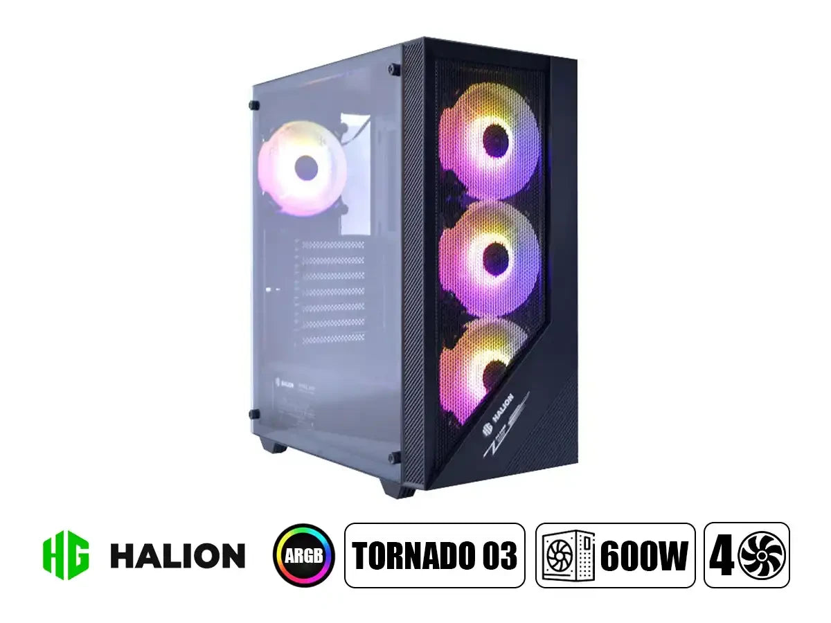 Case Halion Tornado 03 Fuente 600w (c-ha-tornado-03-n) Panel De Vidrio, 4 Ventiladores, Led Argb, Negro