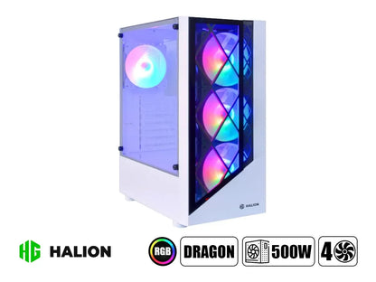 Imagen Referencial * Case Halion Dragon Fuente 500w (w-cf 500 Dragon Cr15) Panel De Vidrio, 4 Ventiladores, Led Rgb, Blanco