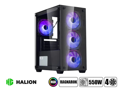 Case Halion Ragnarok Fuente 550w (ragnarok 323) Panel De Vidrio Templado, Malla Frontal, 4 Ventiladores Rgb