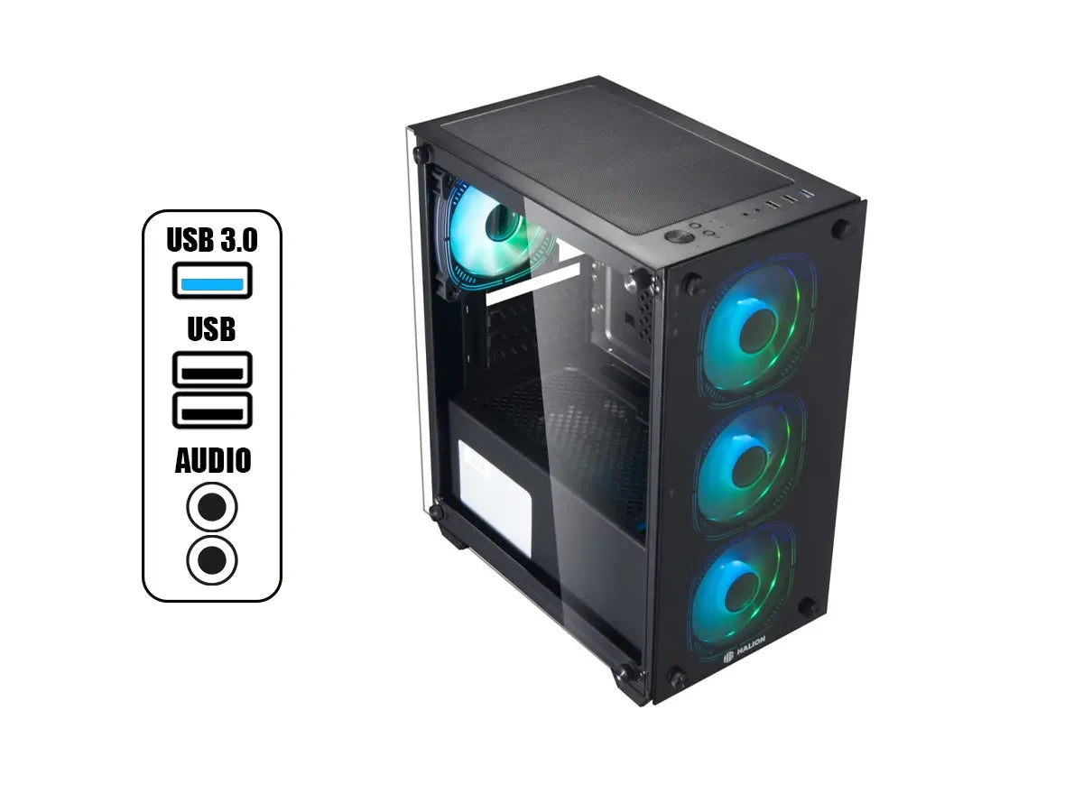 Case Halion Ragnarok Fuente 550w (ragnarok 323) Panel De Vidrio Templado, Malla Frontal, 4 Ventiladores Rgb