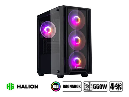 Case Halion Ragnarok Fuente 550w (ragnarok 320) Panel Lateral Y Frontal De Vidrio Templado, 4 Ventiladores Rgb