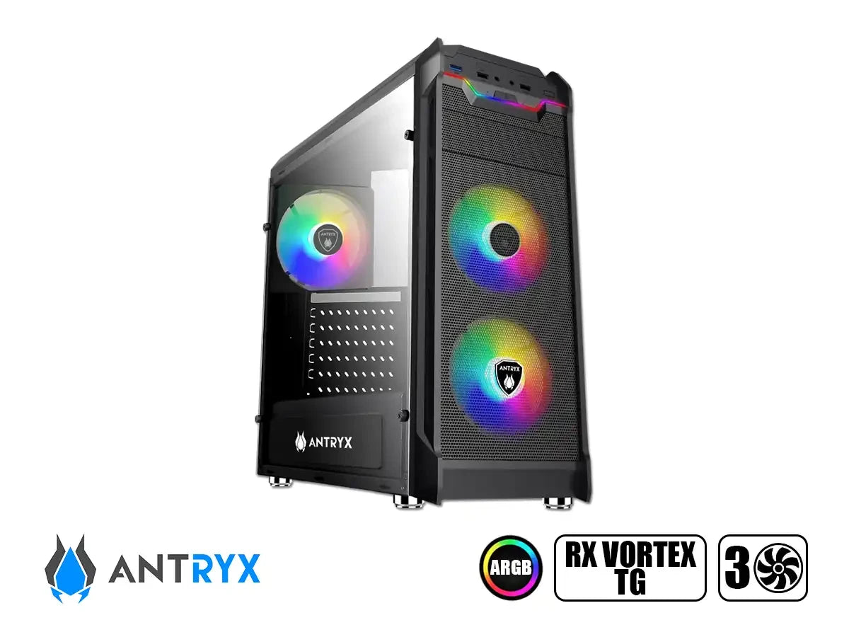 Case Antryx Rx Vortex Tg Argb Fuente 600w (ac-rx375tgk-600cpr1) Panel De Vidrio, 3 Ventiladores, Negro