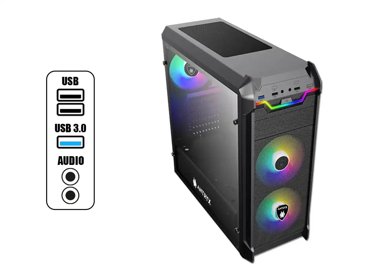 Case Antryx Rx Vortex Tg Argb Fuente 600w (ac-rx375tgk-600cpr1) Panel De Vidrio, 3 Ventiladores, Negro