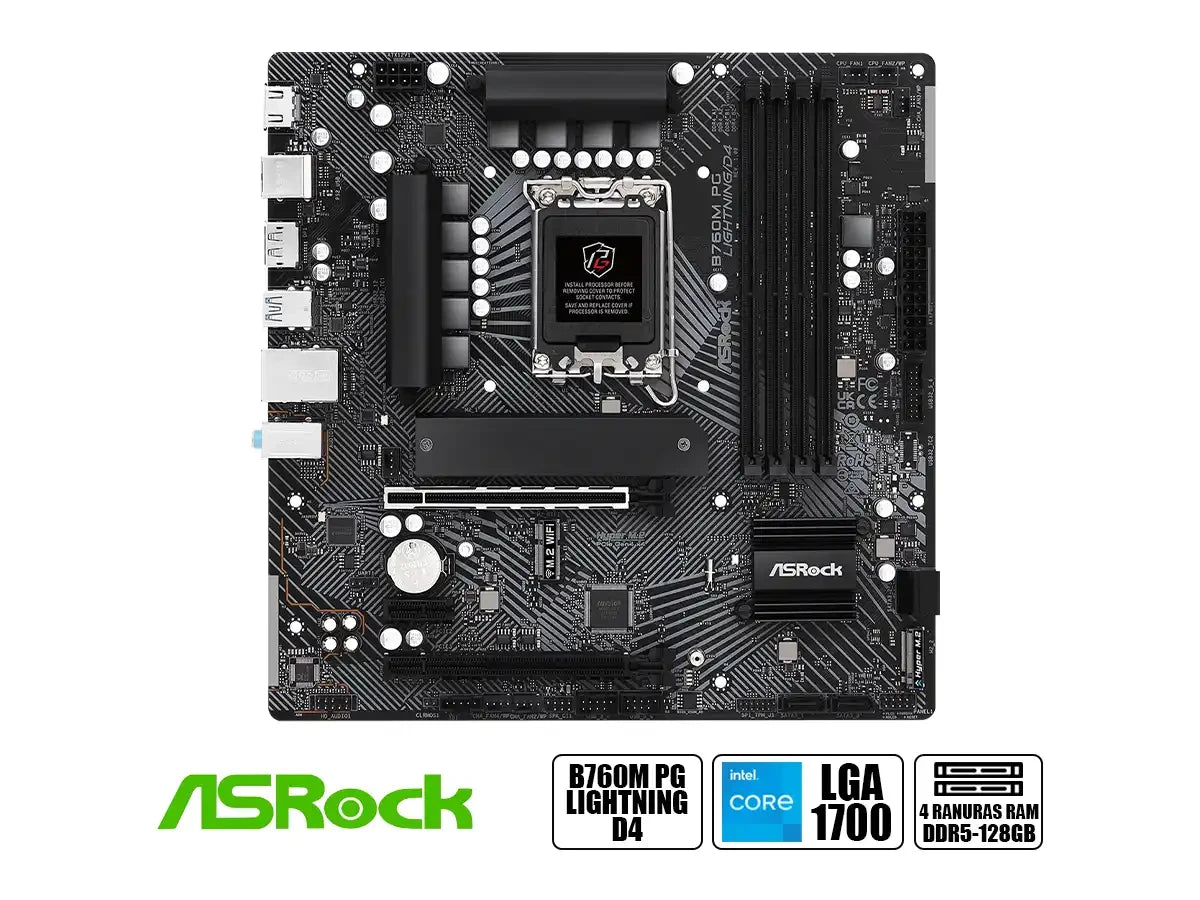 Placa Madre Asrock B760m Pg Lightning/d4 (90-mxbly0-a0uayz) Socket Lga 1700, Ram Ddr4 5333oc Mhz, 14va, 13va, 12va Gen