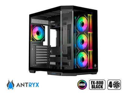 Case Antryx Fx800 Gaming S/fuente (ac-fx800k) Panel De Vidrio, 4 Ventiladores, Led Argb, Negro
