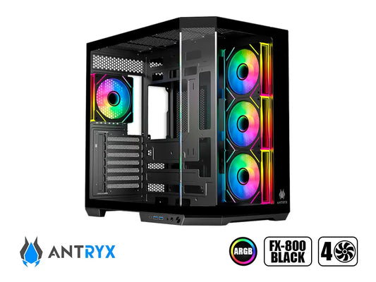 Case Antryx Fx800 Gaming S/fuente (ac-fx800k) Panel De Vidrio, 4 Ventiladores, Led Argb, Negro