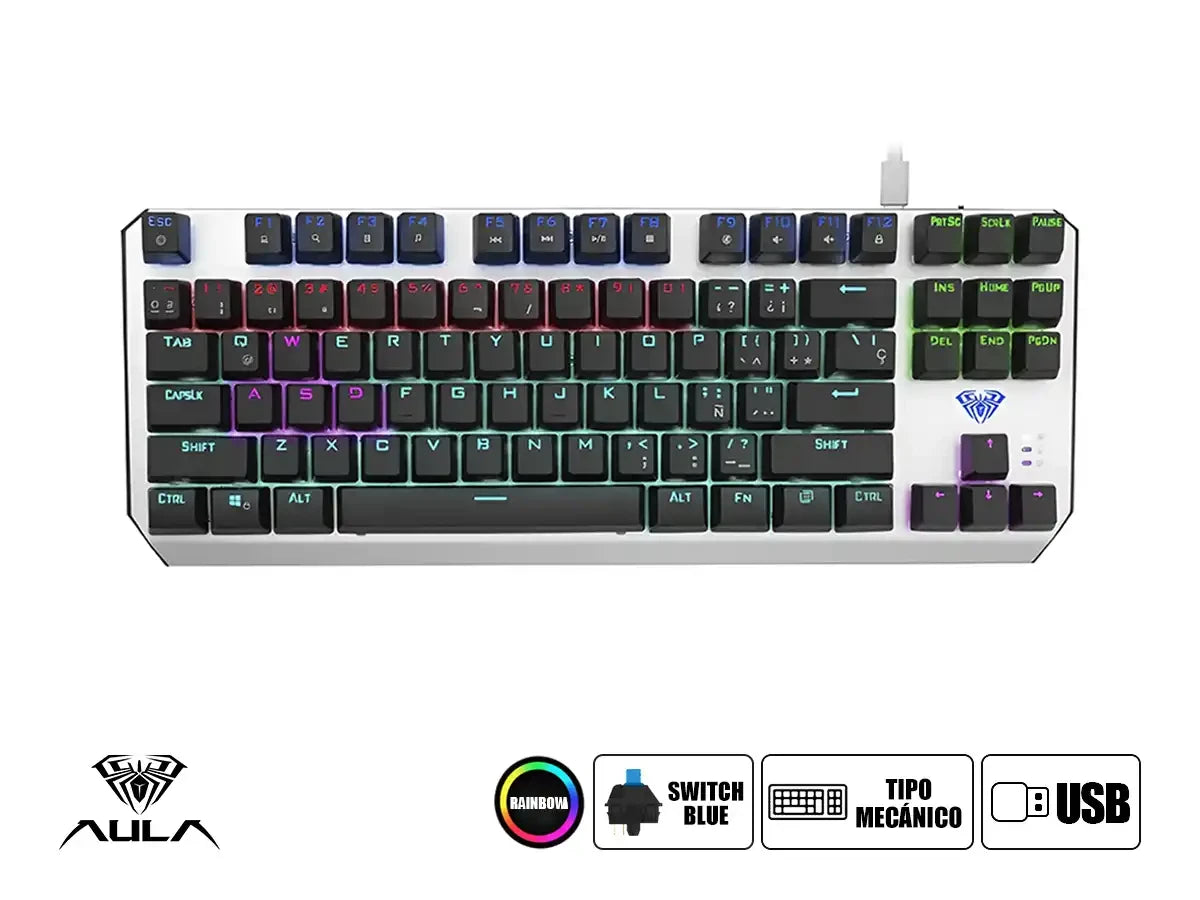 Teclado Gamer Aula F2067 (aul-f2067-gry-rbw) Mecanico, Switch Blue, Color Gris Y Negro