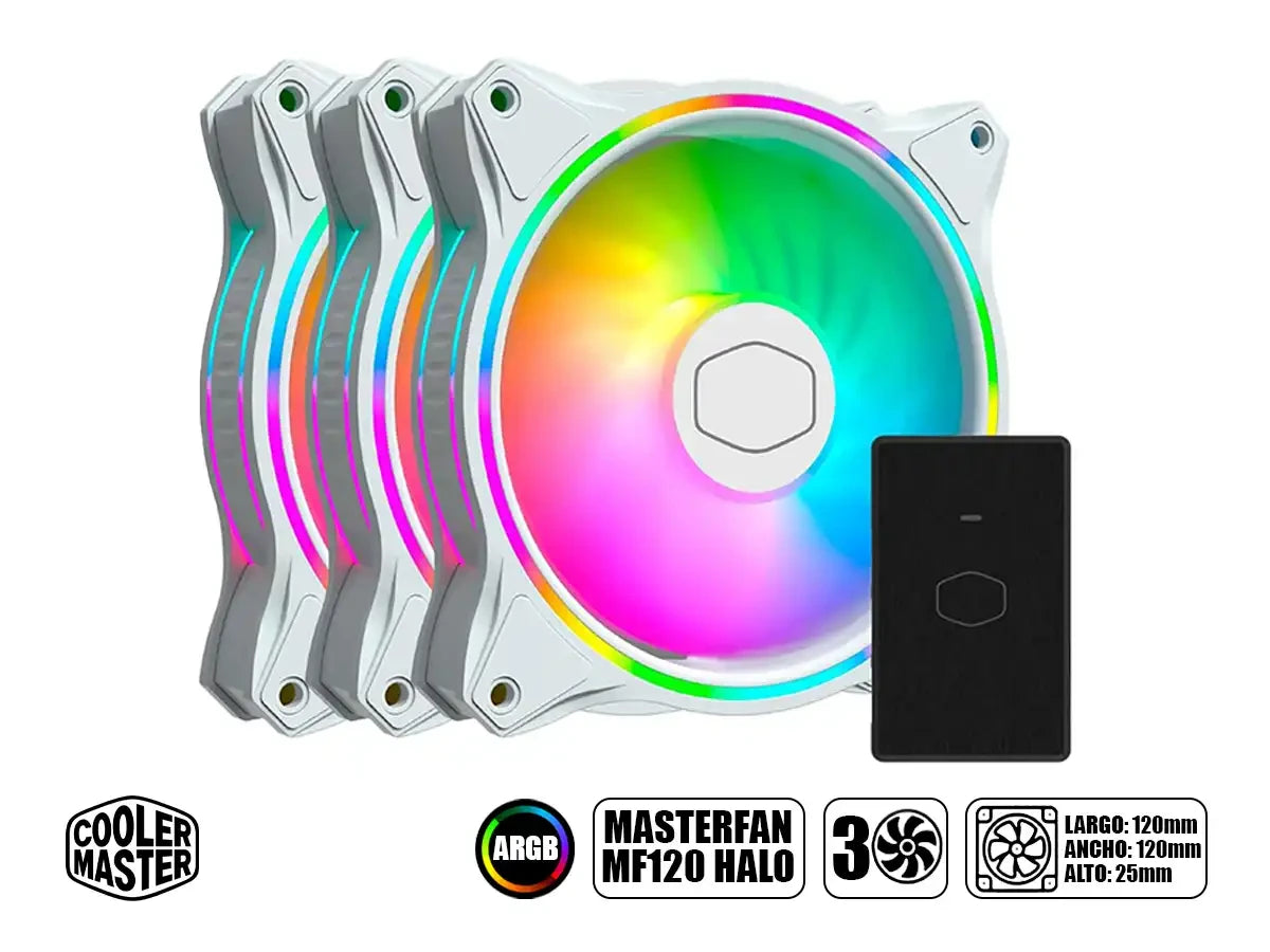 Cooler Para Case Cooler Master Masterfan Mf120 Halo White (mfl-b2dw-183pa-r1) Pack 3 En 1, 120mm, Led Argb, Blanco