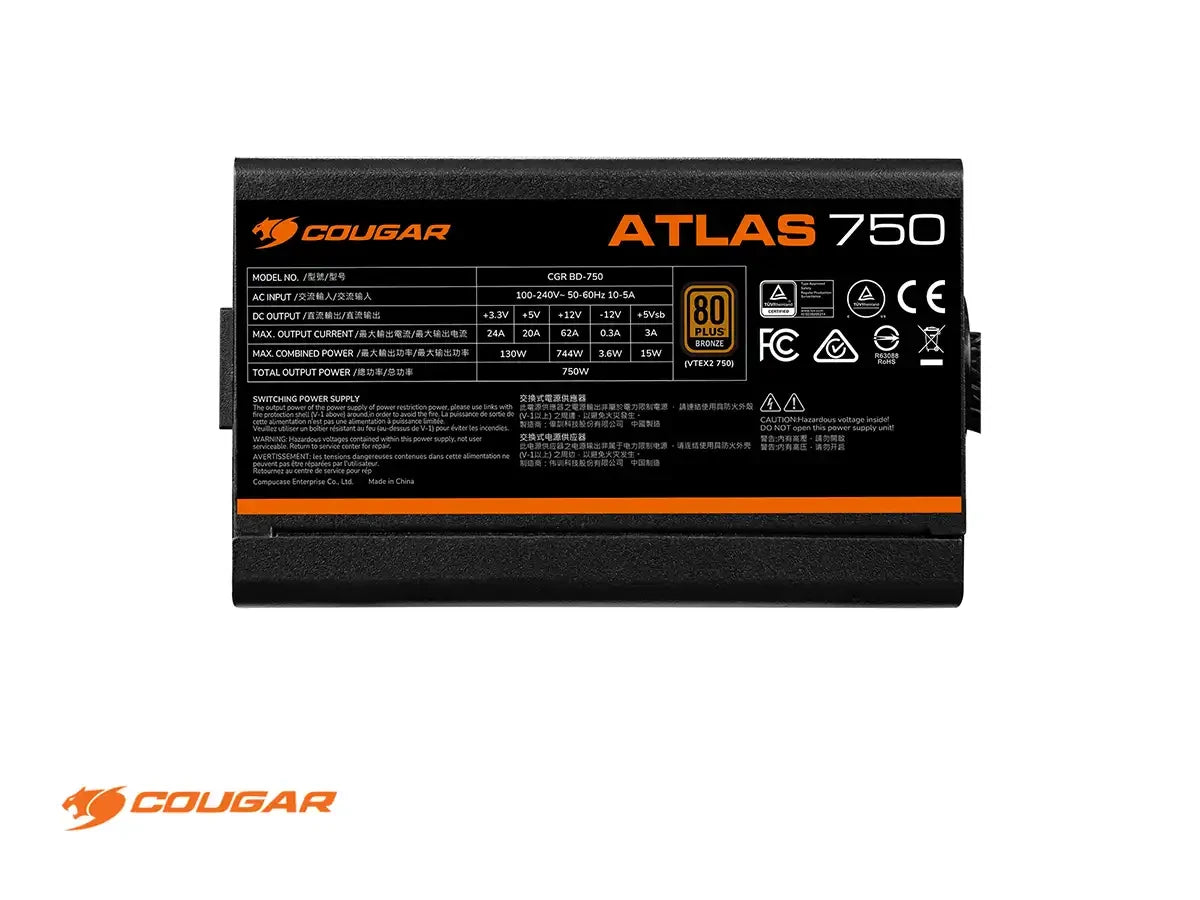 Fuente De Poder Cougar 750w Atlas Cgr Bd-750 (31al075002p01) Atx, 80 Plus Bronze, No Modular, Negro