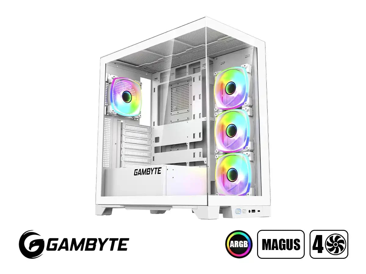 Case Gamer Gambyte Magus S/fuente, Blanco (cs-maw4argwr-lg) Panel De Vidrio, 4 Ventilador, Led Argb
