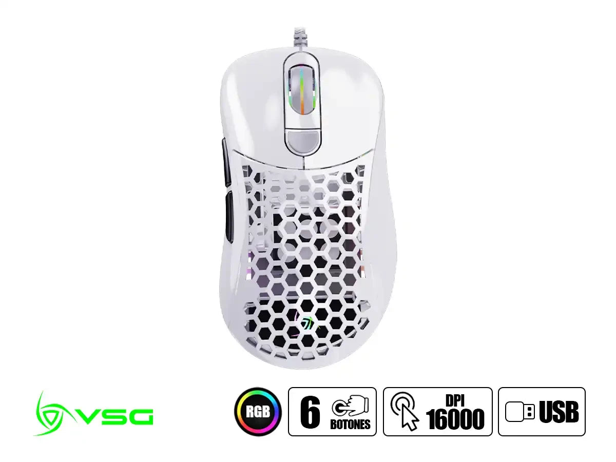 Mouse Vsg Gamer Aquila Air Blanco Brillante (vg-m550-wht-glo) Hasta 16.000 Dpi, 6 Botones, Rgb