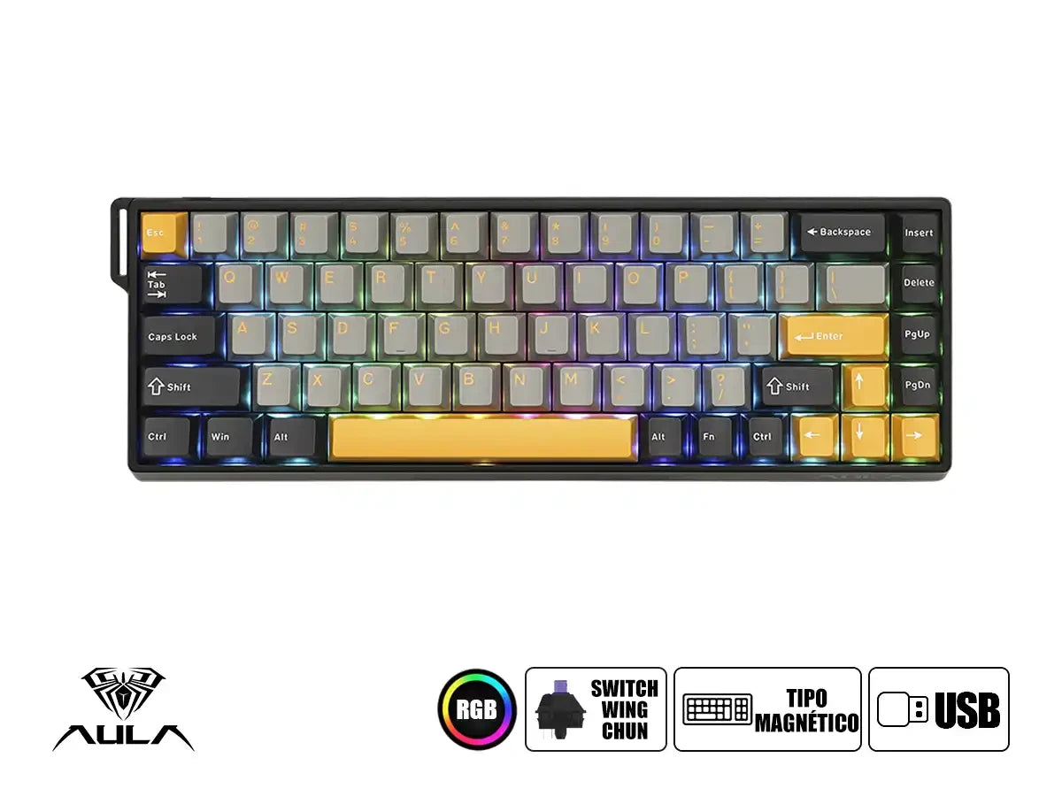 Teclado Gamer Aula Win68he Max 65% Magnetico (au-w68hem3en7) Mecanico, Switch Magnetico Wing Chun, Color Negro, Plomo Y Amarillo