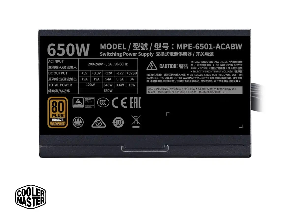 Fuente De Poder Cooler Master 650w Mwe V3 (mpe-6501-acabw-bus) Atx, 80 Plus Bronze, Negro