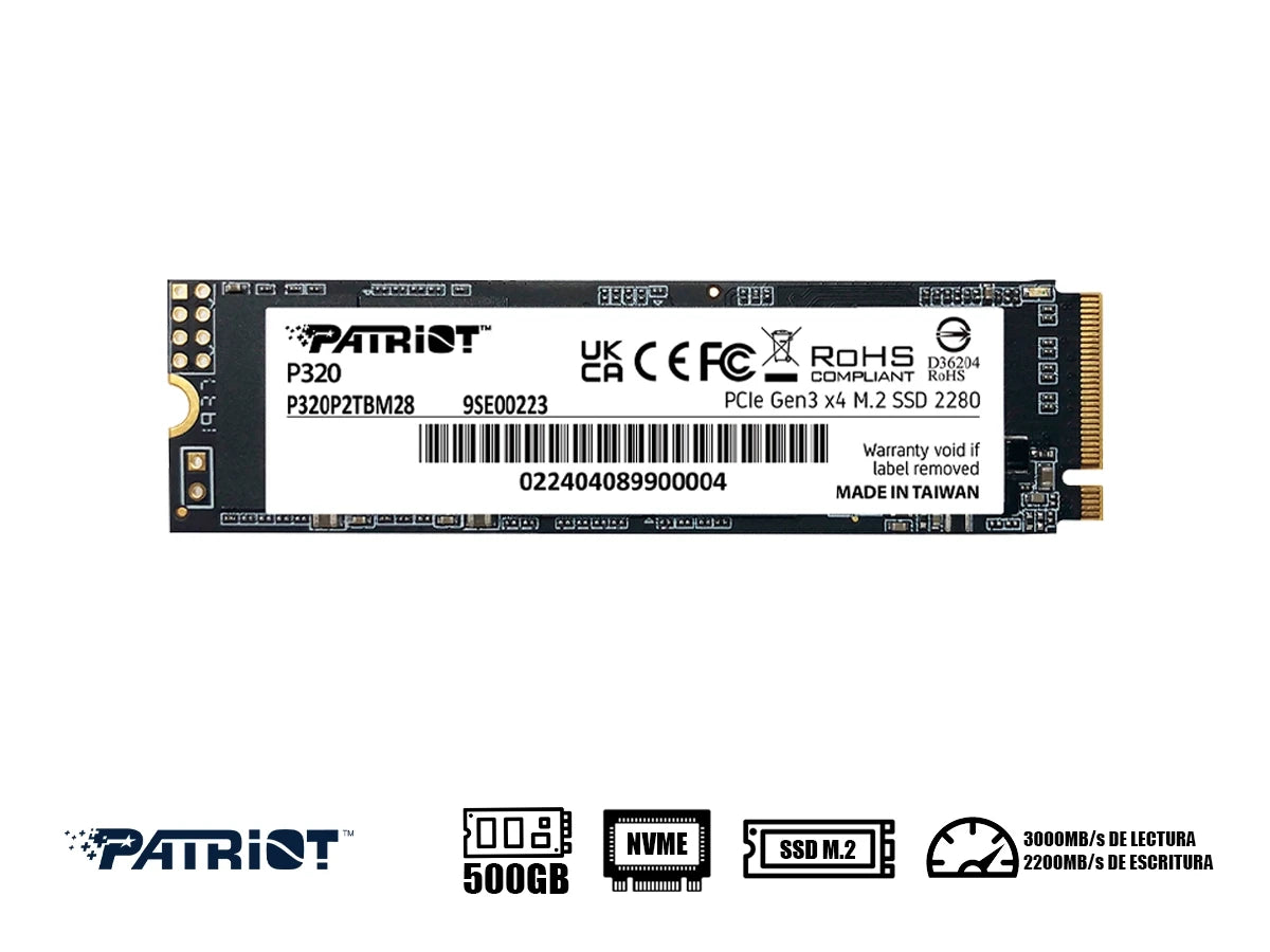 Disco Solido Ssd M.2 Pcie Patriot 512gb P320 2280, Gen3, Nvme, Unidad Interna De Estado Solido, Para Pc, Laptop, Lectura 3000mb/s (p320p512gm28)