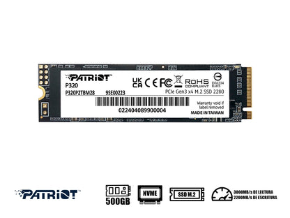 Disco Solido Ssd M.2 Pcie Patriot 512gb P320 2280, Gen3, Nvme, Unidad Interna De Estado Solido, Para Pc, Laptop, Lectura 3000mb/s (p320p512gm28)