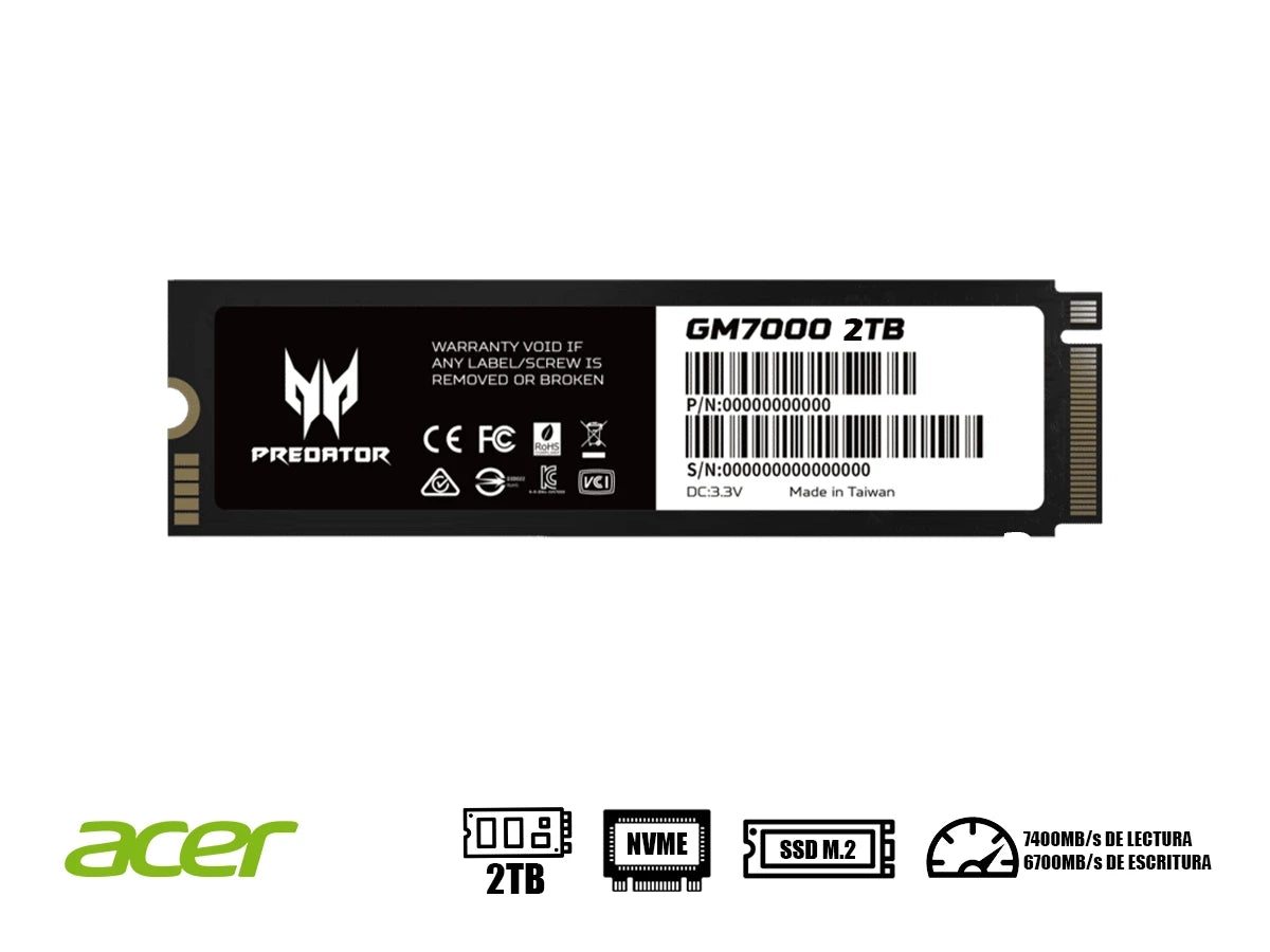 Disco Solido Ssd M.2 Pcie Acer 2tb Predator Gm7000 Gaming Gen4x4, Nvme, Unidad Interna Estado Solido, Para Pc, Laptop, Lectura 7400mb/s (bl.9bwwr.106)