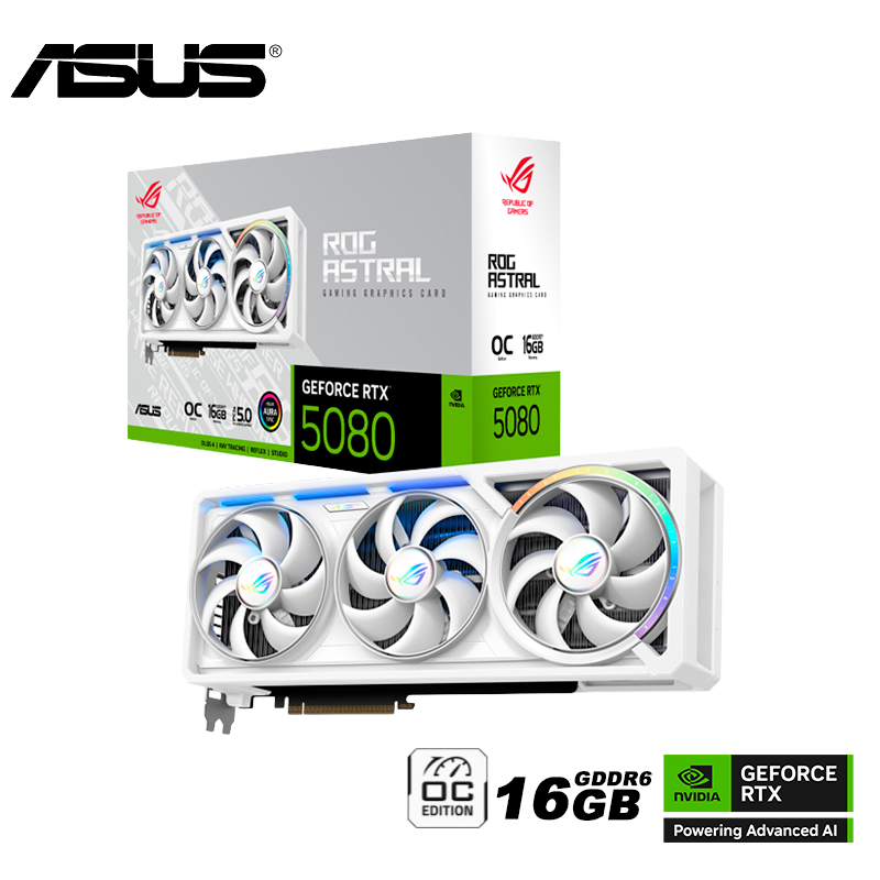 Tarjeta De Video Asus Geforce Rtx 5080 Rog 16gb Gddr7 Astral (90rogrtx5080o16gbastralwhite), Blanco, 3 Ventiladores Frontal