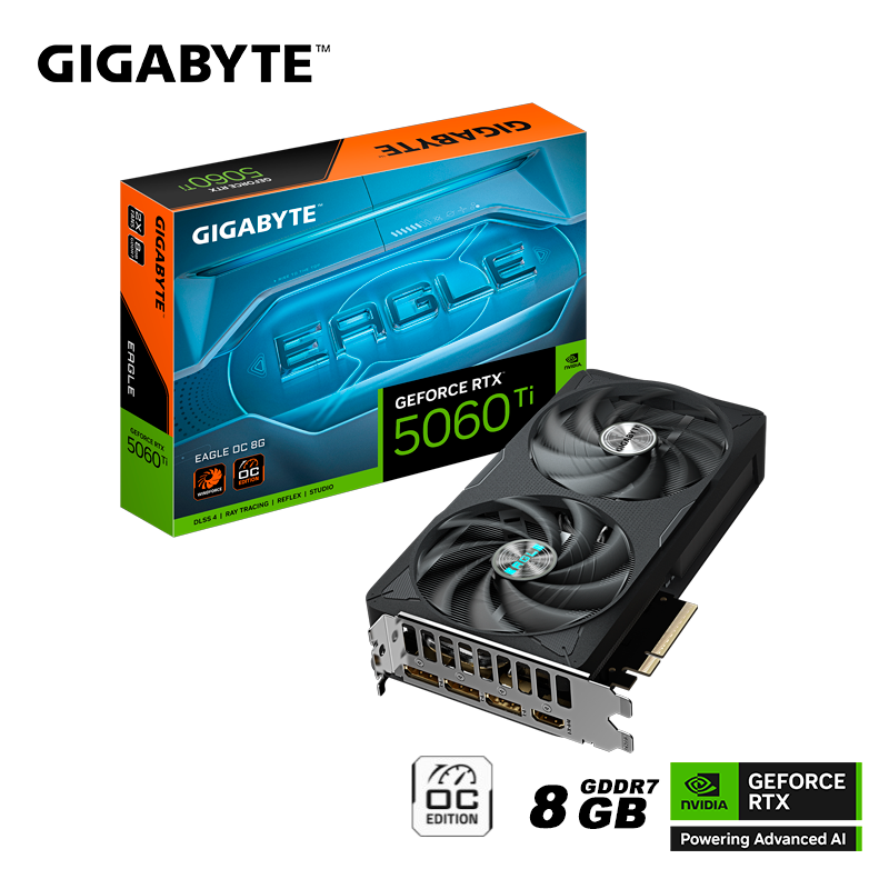 Tarjeta De Video Gigabyte Geforce Rtx 5060 Ti 8gb Eagle Oc Gddr7 Pci Ex Dp (gv-rtx5060ti 8gb Eagle Oc) Nvidia, 128 Bits, 2 Ventiladores