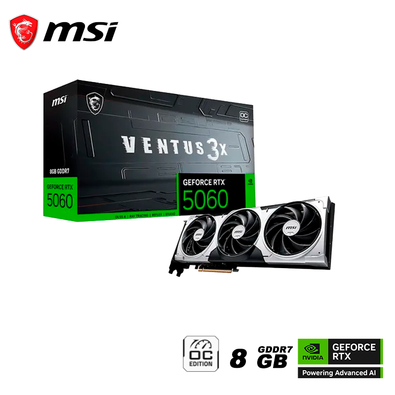 Tarjeta De Video Msi Geforce Rtx 5060 8gb Ventus 3x Oc Gddr7 (rtx 5060 8g Ventus 3x Oc) Nvidia, 128 Bits, 3 Ventiladores